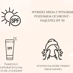 Wybierz krem z wysokim SPF 50. Pamiętaj o reaplikacji filtra co 2 godziny i dwuetapowym oczyszczaniu skóry twarzy.