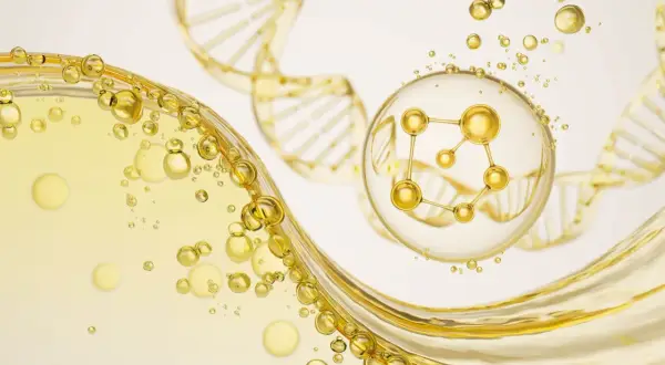 Złote kuleczki i struktura DNA, symbolizujące peptydy miedziowe, unoszą się w płynnej, oleistej substancji.