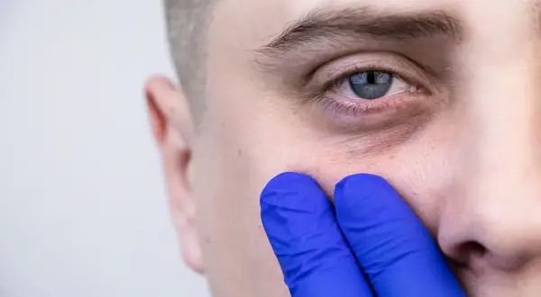 Dłoń w niebieskiej rękawiczce dotyka policzka, uwydatniając dolinę łez.
