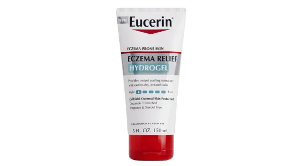 Biała tubka kremu Eucerin Eczema Relief Hydrogel z czerwonym zamknięciem.