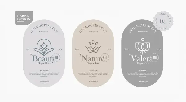 Trzy etykiety produktów organicznych: "Beauty", "Nature" i "Valera". Każda z nich zawiera logo, slogan i listę składników, podkreślając naturalne pochodzenie i wysoką jakość.