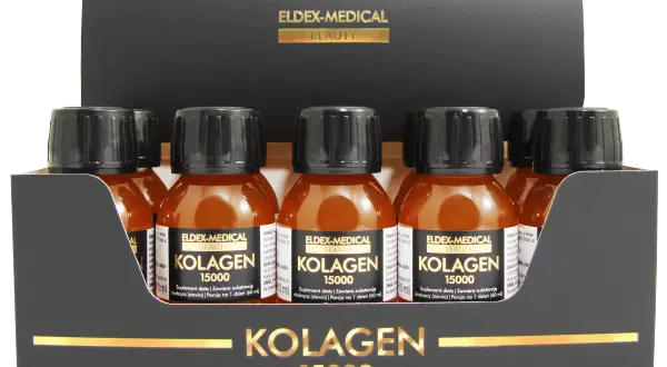 Zestaw sześciu buteleczek z płynnym hydrolizowanym kolagenem 15000 mg. Opakowanie z logo Eldex-Medical Beauty.