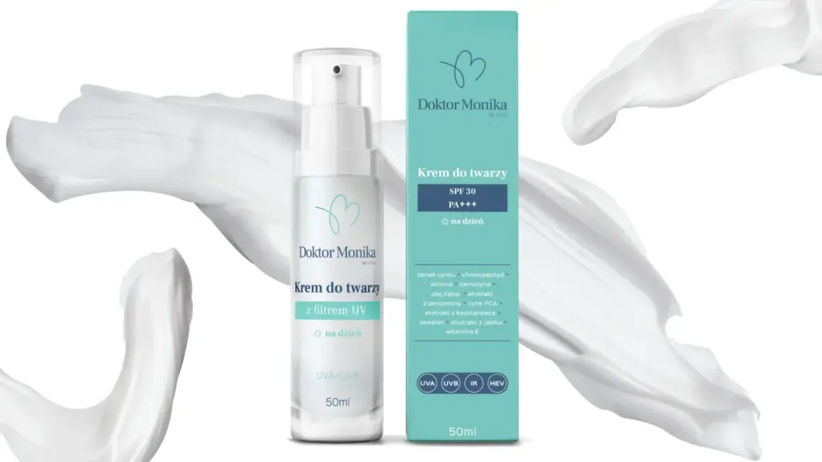 Krem do twarzy SPF 30 PA+++ z filtrem UV, zawierający m.in. homosalate, chroniący przed słońcem.