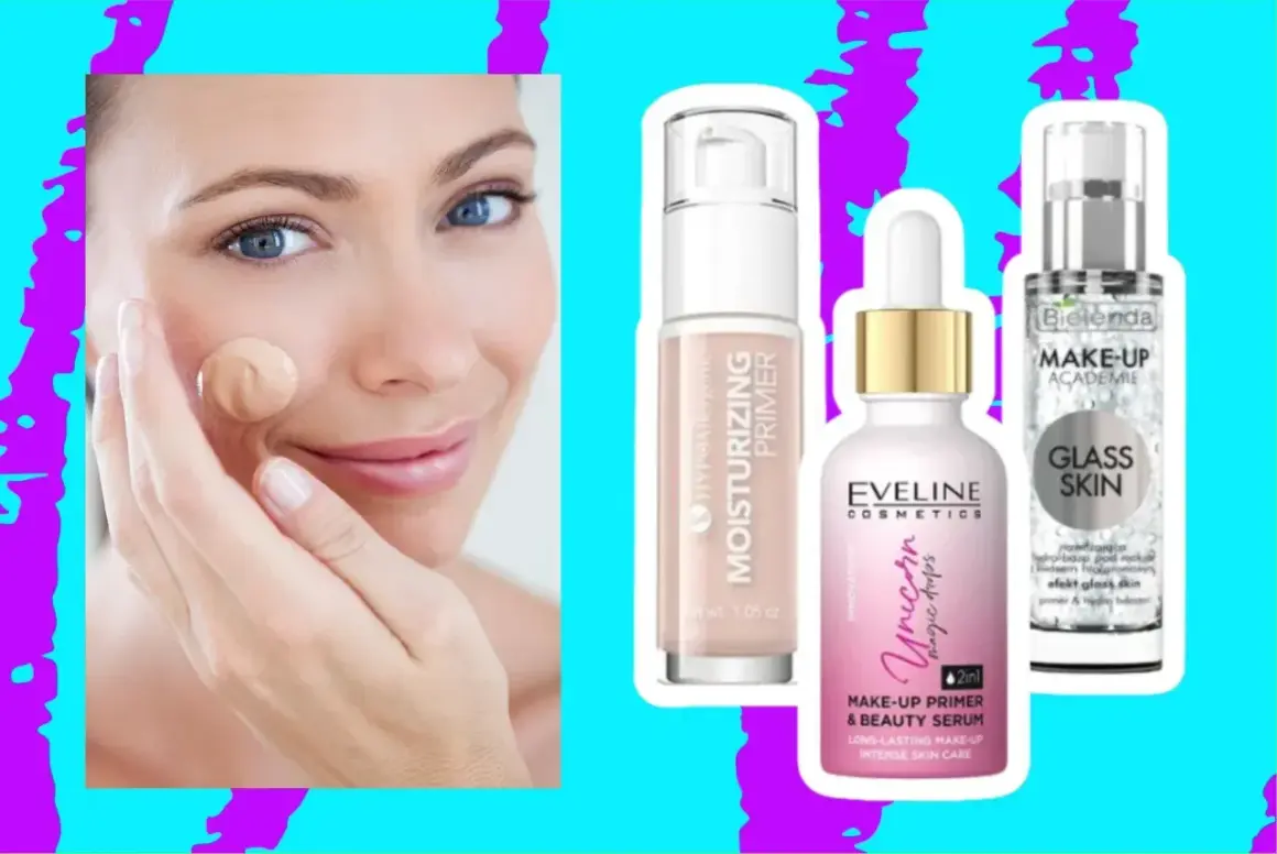 Kobieta aplikuje podkład, obok trzy produkty: co to jest primer do twarzy? Nawilżający, z efektem "glass skin" i serum.