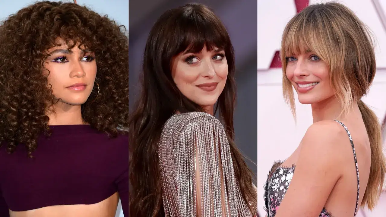 Zendaya, Dakota Johnson i Margot Robbie w różnych odsłonach. Grzywka curtain bangs pasuje każdej z nich, dodając uroku.