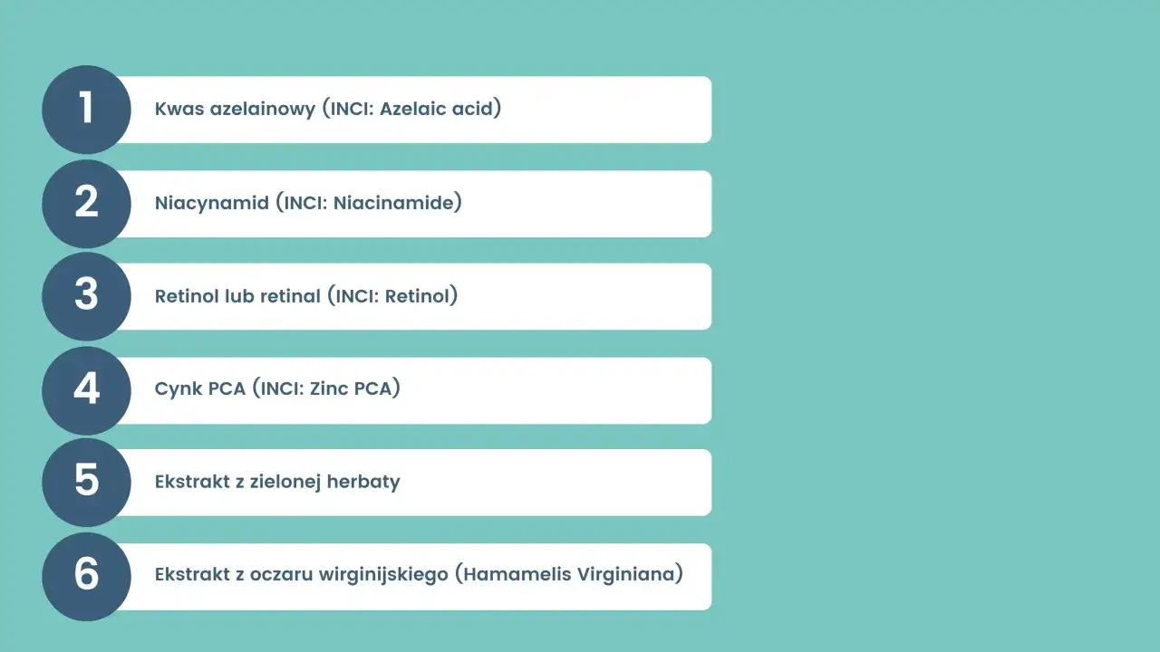 Lista składników kosmetyków, których nie łączyć z kwasem azelainowym: niacynamid, retinol, cynk PCA, ekstrakty.