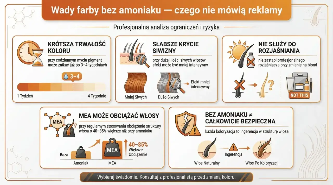 Analiza wad farb bez amoniaku: krótsza trwałość koloru, słabsze krycie siwizny, brak możliwości rozjaśniania, obciążanie włosów przez MEA. Nie każda farba bez amoniaku to najzdrowsza farba do włosów.