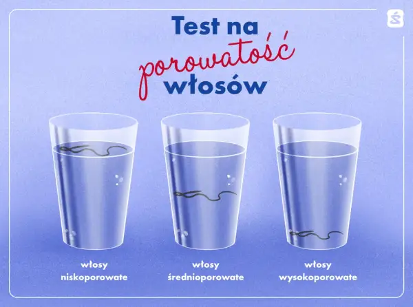 Test na porowatość włosów: włosy niskoporowate unoszą się, średnioporowate toną powoli, a wysokoporowate szybko opadają na dno.