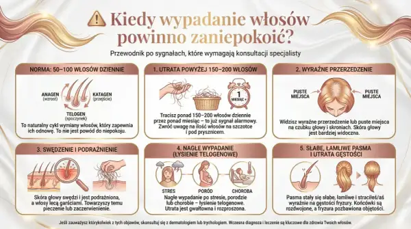 Nadmierne wypadanie włosów? Zobacz, kiedy warto szukać pomocy. Objawy: utrata >150-200 włosów/dzień, przerzedzenie, swędzenie, łamliwość.